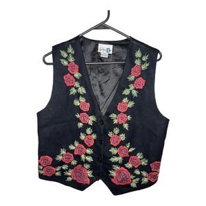 Vintage Wool-Blend Needlepoint Embroidered Roses Vest M